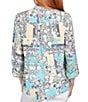 Color:Aruba Blue Multi - Image 2 - Petite Size Tropical Mixed Print Band Notch V-Neck Roll-Tab Sleeve Pleat Button-Front Shirt
