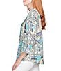 Color:Aruba Blue Multi - Image 3 - Petite Size Tropical Mixed Print Band Notch V-Neck Roll-Tab Sleeve Pleat Button-Front Shirt