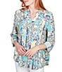 Color:Aruba Blue Multi - Image 4 - Petite Size Tropical Mixed Print Band Notch V-Neck Roll-Tab Sleeve Pleat Button-Front Shirt