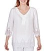 Color:White - Image 1 - Petite Size Twill Embroidered V-Neck 3/4 Sleeve Scalloped Hem Top