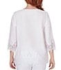 Color:White - Image 2 - Petite Size Twill Embroidered V-Neck 3/4 Sleeve Scalloped Hem Top