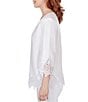 Color:White - Image 3 - Petite Size Twill Embroidered V-Neck 3/4 Sleeve Scalloped Hem Top