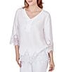 Color:White - Image 4 - Petite Size Twill Embroidered V-Neck 3/4 Sleeve Scalloped Hem Top