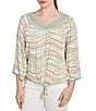 Ruby Rd. Petite Size Wavy Stripe Metallic Details Lace Embellished Scoop Neck 3/4 Sleeve Tie-Front Top, Color:Light Olive Multi - Image 1
