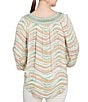 Ruby Rd. Petite Size Wavy Stripe Metallic Details Lace Embellished Scoop Neck 3/4 Sleeve Tie-Front Top, Color:Light Olive Multi - Image 2