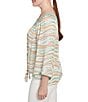 Ruby Rd. Petite Size Wavy Stripe Metallic Details Lace Embellished Scoop Neck 3/4 Sleeve Tie-Front Top, Color:Light Olive Multi - Image 3