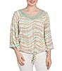 Ruby Rd. Petite Size Wavy Stripe Metallic Details Lace Embellished Scoop Neck 3/4 Sleeve Tie-Front Top, Color:Light Olive Multi - Image 4