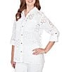 Ruby Rd. Petite Size Woven Eyelet Embroidery Collared V-Neck 3/4 Roll-tab Sleeve Button-Front Shirt - Image 4