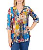 Color:Lapis Multi - Image 1 - Petite Size Woven Floral Patchwork Print Collared V-Neck 3/4 Roll-Tab Sleeve Top