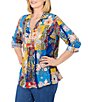 Color:Lapis Multi - Image 3 - Petite Size Woven Floral Patchwork Print Collared V-Neck 3/4 Roll-Tab Sleeve Top