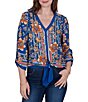 Ruby Rd. Petite Size Woven Floral Vines V-Neck 3/4 Sleeve Top - Image 1