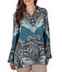Ruby Rd. Petite Size Woven Painted Scarf Paisley Bloom Collared V-Neck Long Sleeve Top - Image 1