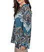 Ruby Rd. Petite Size Woven Painted Scarf Paisley Bloom Collared V-Neck Long Sleeve Top - Image 3
