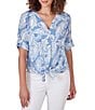 Color:Blue Moon Multi - Image 1 - Petite Size Woven Paisley Print Banded Collar Short Roll-Tab Sleeve Tie Button-Front Shirt
