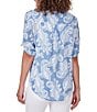 Color:Blue Moon Multi - Image 2 - Petite Size Woven Paisley Print Banded Collar Short Roll-Tab Sleeve Tie Button-Front Shirt