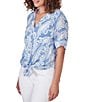 Color:Blue Moon Multi - Image 4 - Petite Size Woven Paisley Print Banded Collar Short Roll-Tab Sleeve Tie Button-Front Shirt