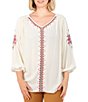 Color:Alabaster - Image 1 - Petite Size Woven Solid Crepe Embroidered V-Neck 3/4 Puff Sleeve Top