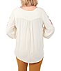 Color:Alabaster - Image 2 - Petite Size Woven Solid Crepe Embroidered V-Neck 3/4 Puff Sleeve Top