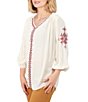 Color:Alabaster - Image 3 - Petite Size Woven Solid Crepe Embroidered V-Neck 3/4 Puff Sleeve Top