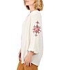 Color:Alabaster - Image 4 - Petite Size Woven Solid Crepe Embroidered V-Neck 3/4 Puff Sleeve Top