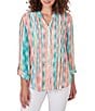 Color:Parrot Multi - Image 1 - Petite Size Woven Stripe Banded Collar 3/4 Roll-tab Sleeve Pintuck Button-Front Shirt