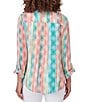 Color:Parrot Multi - Image 2 - Petite Size Woven Stripe Banded Collar 3/4 Roll-tab Sleeve Pintuck Button-Front Shirt