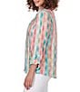 Color:Parrot Multi - Image 3 - Petite Size Woven Stripe Banded Collar 3/4 Roll-tab Sleeve Pintuck Button-Front Shirt