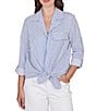 Ruby Rd. Petite Size Woven Stripe Notch Lapel Collar Long Roll-Tab Sleeve Tie-Front Shirt - Image 1