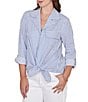 Ruby Rd. Petite Size Woven Stripe Notch Lapel Collar Long Roll-Tab Sleeve Tie-Front Shirt - Image 4