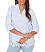 Ruby Rd. Petite Size Woven Yarn-Dyed Stripe Johnny Collar 3/4 Roll-Tab Sleeve Embroidered Hem Blouse - Image 1
