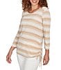 Ruby Rd. Petite Size Yarn-Dyed Eyelash Stripe Scoop Neck 3/4 Sleeve Adjustable Side Ties Top, Color:Jute Multi - Image 4