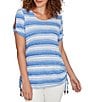 Ruby Rd. Petite Size Yarn-Dyed Knit Stripe Scoop Neck Short Sleeve Side Ties Top, Color:Chambray/Multi - Image 1