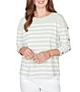 Ruby Rd. Petite Size Yarn-Dyed Stripe Crew Neck 3/4 Button Sleeve Knit Top - Image 1