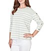 Ruby Rd. Petite Size Yarn-Dyed Stripe Crew Neck 3/4 Button Sleeve Knit Top - Image 3