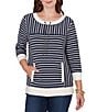Ruby Rd. Petite Size Yarn-Dyed Stripe Scoop Neck 3/4 Sleeve Top, Color:Navy/Multi - Image 1