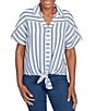 Ruby Rd. Petite Size Yarn-Dyed Woven Stripe Collared V-Neck Short Sleeve Button Front Shirt, Color:Indigo/Multi - Image 1