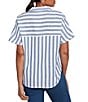 Ruby Rd. Petite Size Yarn-Dyed Woven Stripe Collared V-Neck Short Sleeve Button Front Shirt, Color:Indigo/Multi - Image 2
