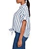 Ruby Rd. Petite Size Yarn-Dyed Woven Stripe Collared V-Neck Short Sleeve Button Front Shirt, Color:Indigo/Multi - Image 3