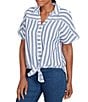 Ruby Rd. Petite Size Yarn-Dyed Woven Stripe Collared V-Neck Short Sleeve Button Front Shirt, Color:Indigo/Multi - Image 4
