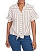 Ruby Rd. Petite Size Yarn-Dyed Woven Stripe Collared V-Neck Short Sleeve Button Front Shirt, Color:Bay Leaf/Multi - Image 1