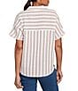 Ruby Rd. Petite Size Yarn-Dyed Woven Stripe Collared V-Neck Short Sleeve Button Front Shirt, Color:Bay Leaf/Multi - Image 2