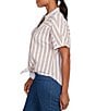 Ruby Rd. Petite Size Yarn-Dyed Woven Stripe Collared V-Neck Short Sleeve Button Front Shirt, Color:Bay Leaf/Multi - Image 3