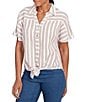 Ruby Rd. Petite Size Yarn-Dyed Woven Stripe Collared V-Neck Short Sleeve Button Front Shirt, Color:Bay Leaf/Multi - Image 4