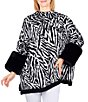 Color:Black/Alabaster Multi - Image 1 - Petite Size Zebra Print Jacquard Knit Mock Neck Faux Fur Cuff Oversized Sweater