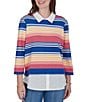 Ruby Rd. Pique Knit Game Stripe Layered Point Collar 3/4 Sleeve Top - Image 1