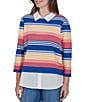 Ruby Rd. Pique Knit Game Stripe Layered Point Collar 3/4 Sleeve Top - Image 3