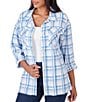 Color:Atlantic Multi - Image 1 - Plaid Crepe Roll-Tab Sleeve Patch Pocket Button-Front Shirt Jacket