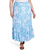 Color:Blue Bell Multi - Image 1 - Plus Allover Floral Print Metallic Stripe Pull-On Tiered Hem Maxi Skirt