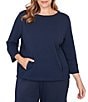 Ruby Rd. Plus Size Abstract Textured Pucker Knit Scoop Neck 3/4 Sleeve Top, Color:Navy - Image 1