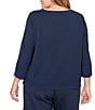 Ruby Rd. Plus Size Abstract Textured Pucker Knit Scoop Neck 3/4 Sleeve Top, Color:Navy - Image 2